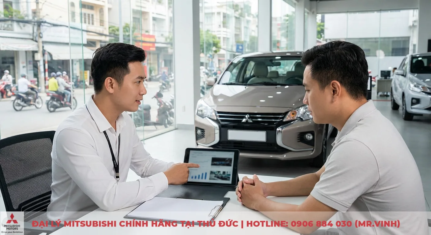 So sánh Attrage 2026: Khác biệt phiên bản, giá & trang bị 5 Tư vấn viên Mitsubishi Sài Gòn 3S giới thiệu thông tin Mitsubishi Attrage 2026 qua máy tính bảng cho khách hàng tại showroom