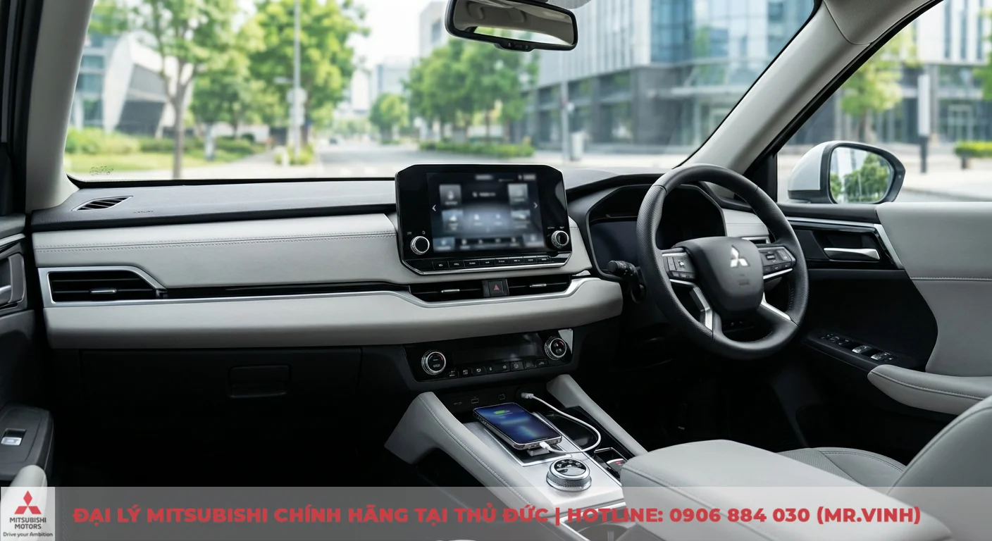 Nội thất &ocirc; t&ocirc; Mitsubishi với v&ocirc; lăng, m&agrave;n h&igrave;nh cảm ứng lớn, bảng điều khiển trung t&acirc;m hiện đại c&ugrave;ng điện thoại đang sạc