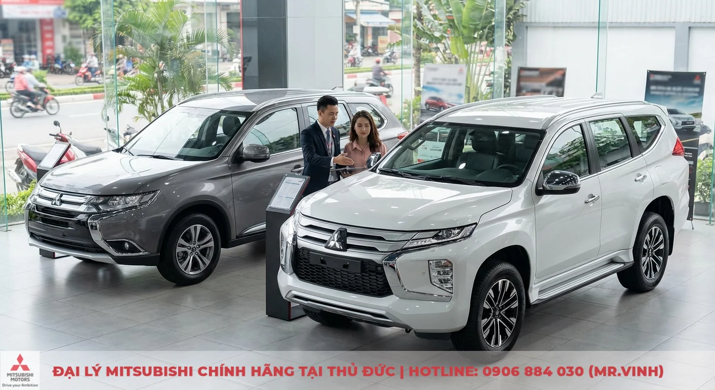 Hai chiếc SUV Mitsubishi m&agrave;u x&aacute;m v&agrave; trắng trong showroom, nh&acirc;n vi&ecirc;n tư vấn đang giới thiệu xe cho kh&aacute;ch h&agrave;ng nữ bằng m&aacute;y t&iacute;nh bảng
