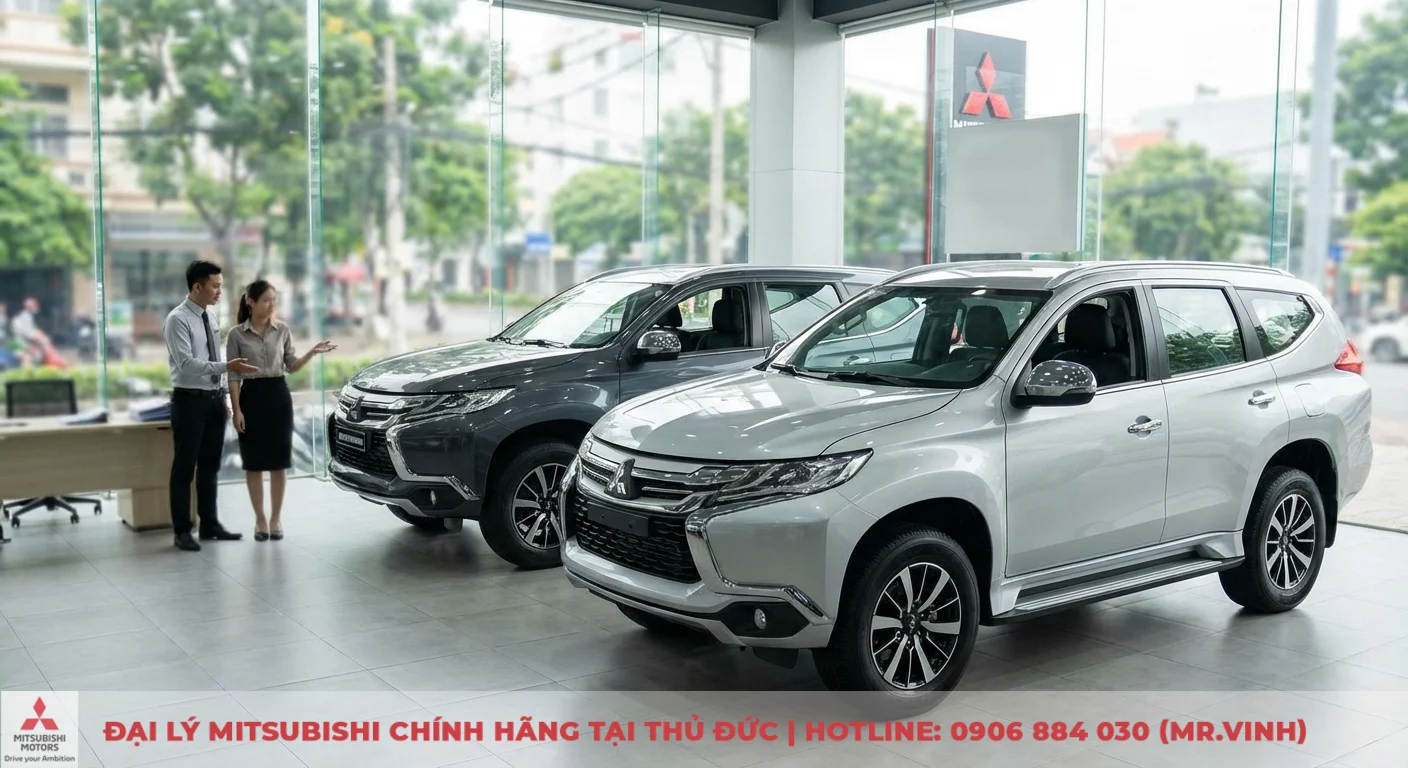 H&igrave;nh ảnh showroom &ocirc; t&ocirc; s&aacute;ng trưng trưng b&agrave;y hai xe SUV Mitsubishi m&agrave;u x&aacute;m v&agrave; bạc, c&oacute; hai nh&acirc;n vi&ecirc;n đang tư vấn