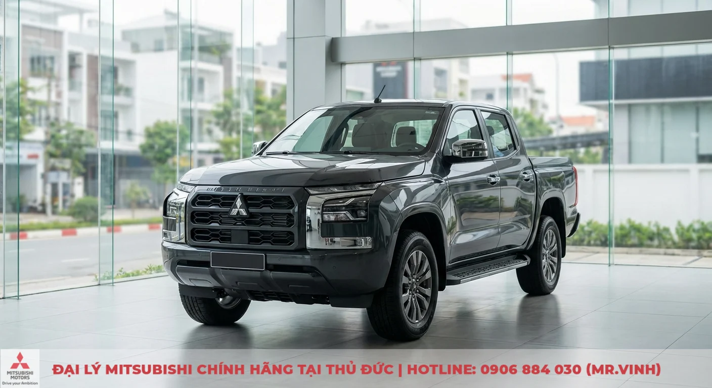 So sánh phiên bản Triton 2026: Khác biệt Athlete, Premium và GLX 1 Xe bán tải Mitsubishi Triton màu xám đậm thế hệ mới trưng bày trong showroom kính với thiết kế Dynamic Shield hiện đại