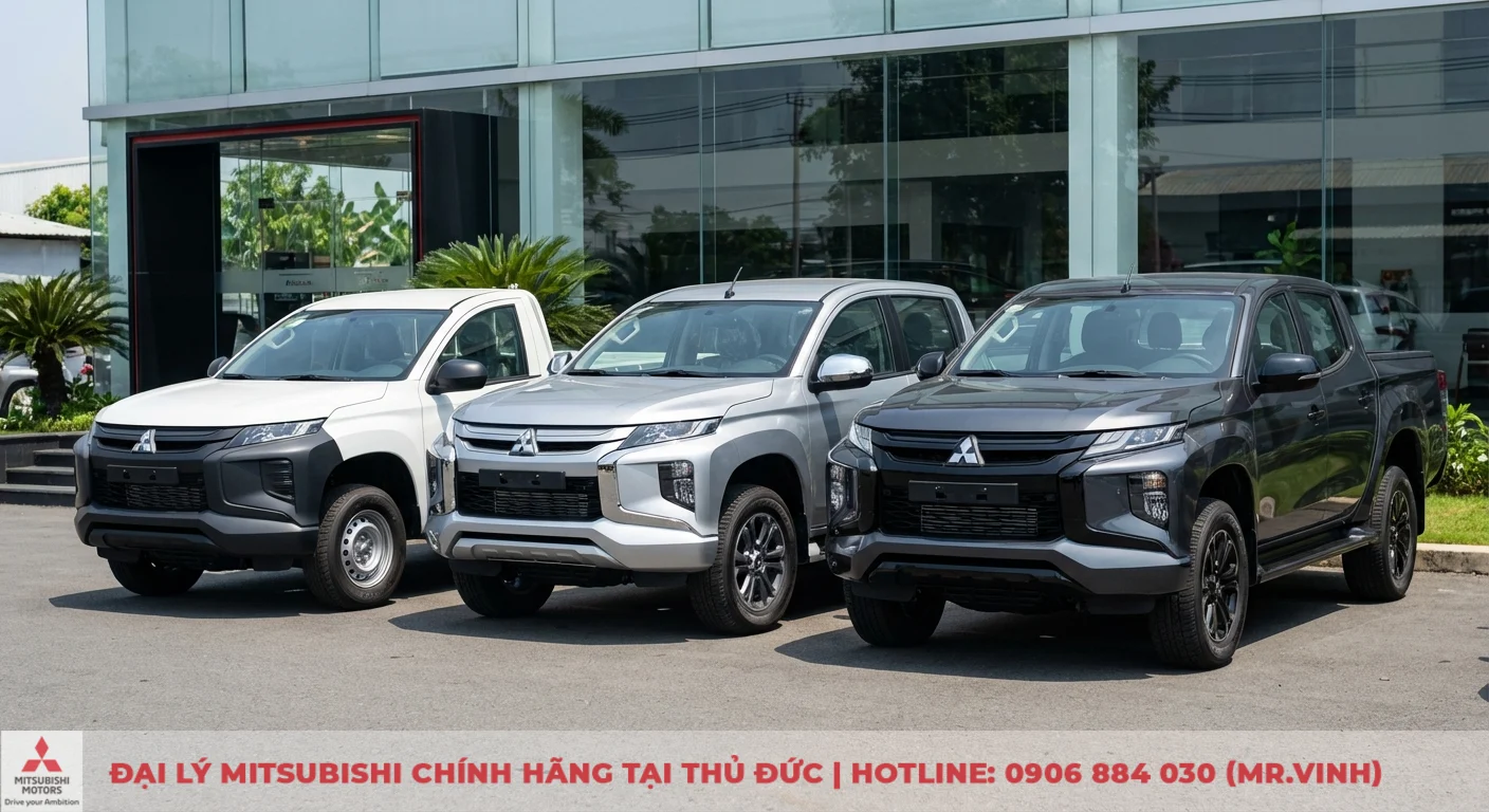 So sánh phiên bản Triton 2026: Khác biệt Athlete, Premium và GLX 2 Ba xe bán tải Mitsubishi Triton trắng, bạc, xám với các phiên bản ngoại thất, cản trước và mâm xe khác nhau, đậu trước showroom