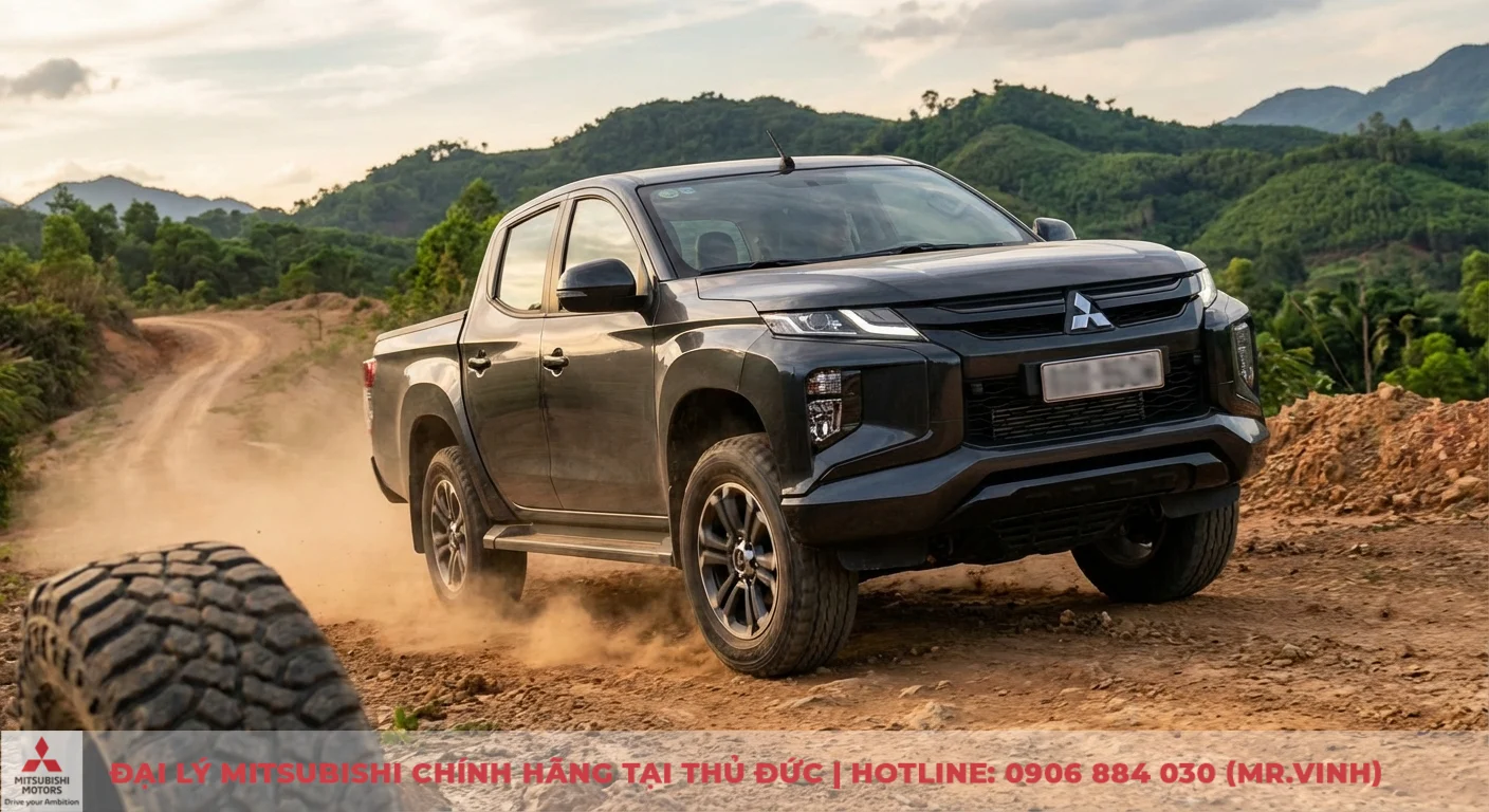 So sánh phiên bản Triton 2026: Khác biệt Athlete, Premium và GLX 4 Xe bán tải Mitsubishi Triton màu xám đen di chuyển trên con đường đất tạo bụi giữa khung cảnh núi rừng xanh