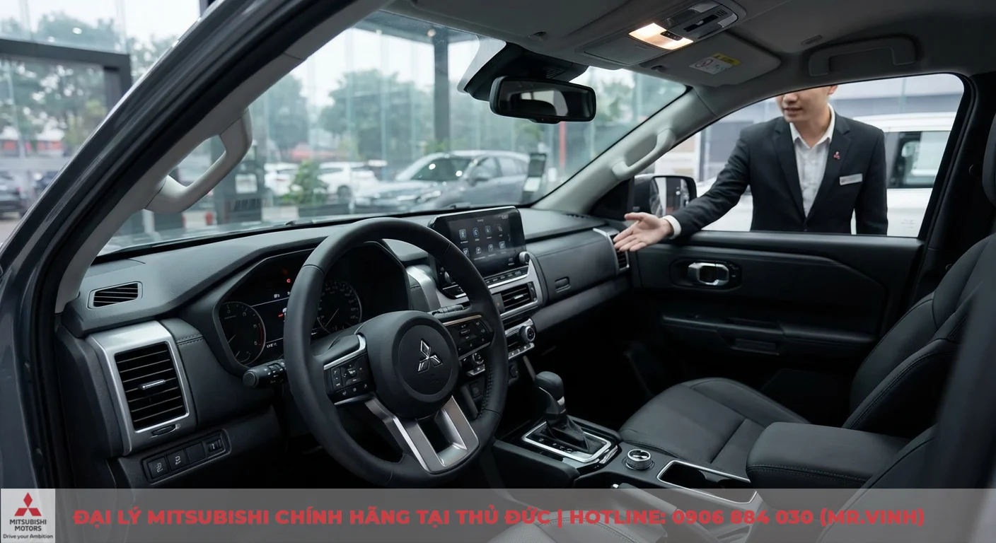 So sánh phiên bản Triton 2026: Khác biệt Athlete, Premium và GLX 5 Nội thất xe Mitsubishi hiện đại màu tối với vô lăng, màn hình cảm ứng, cần số và ghế lái, cùng nhân viên bán hàng