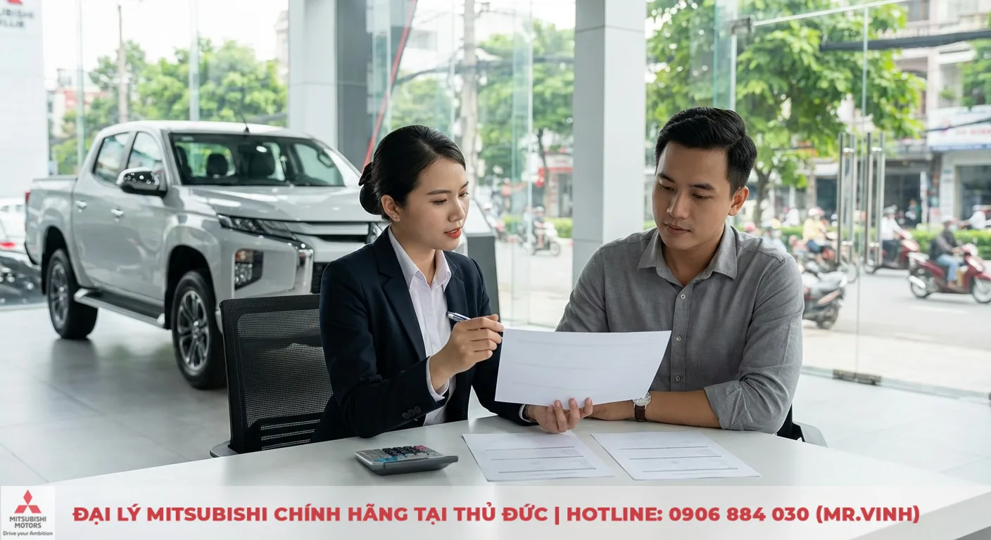 So sánh phiên bản Triton 2026: Khác biệt Athlete, Premium và GLX 6 Nữ nhân viên tư vấn đang giải thích tài liệu về giá lăn bánh và trả góp xe bán tải Mitsubishi cho khách hàng tại đại lý