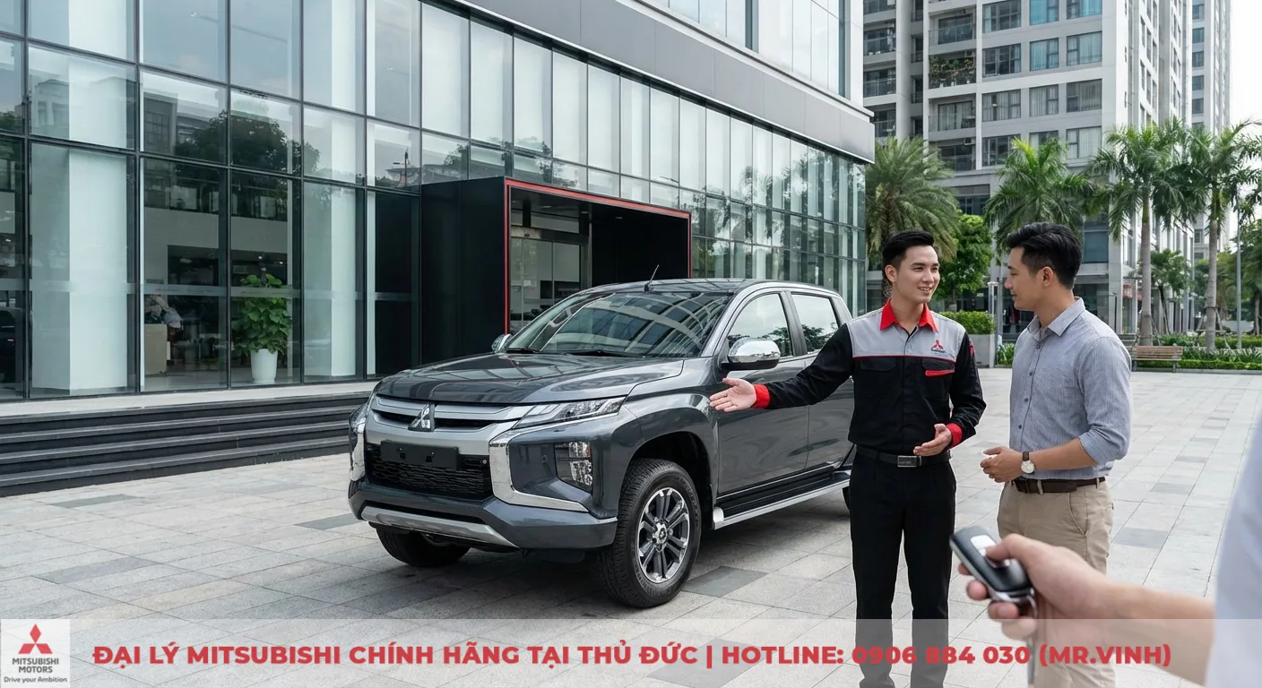 So sánh phiên bản Triton 2026: Khác biệt Athlete, Premium và GLX 7 Xe bán tải Mitsubishi Triton màu xám đỗ trước đại lý, hai người đàn ông trao đổi, tay cầm chìa khóa xe