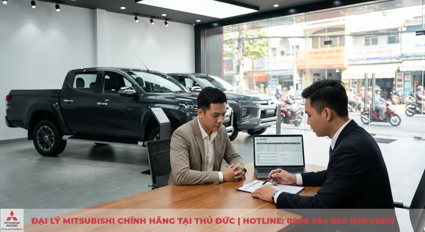 So sánh phiên bản Triton 2026: Khác biệt Athlete, Premium và GLX 8 Hai người đàn ông trong showroom ô tô đang ngồi tại bàn gỗ, một người tư vấn khách hàng trên laptop cùng hai xe Mitsubishi Triton