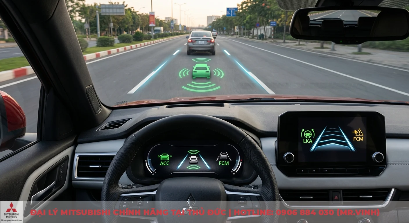 Hệ thống an to&agrave;n chủ động ADAS tr&ecirc;n Xforce 2026 hiển thị t&iacute;nh năng ga tự động th&iacute;ch ứng ACC, hỗ trợ giữ l&agrave;n LKA v&agrave; cảnh b&aacute;o va chạm FCM