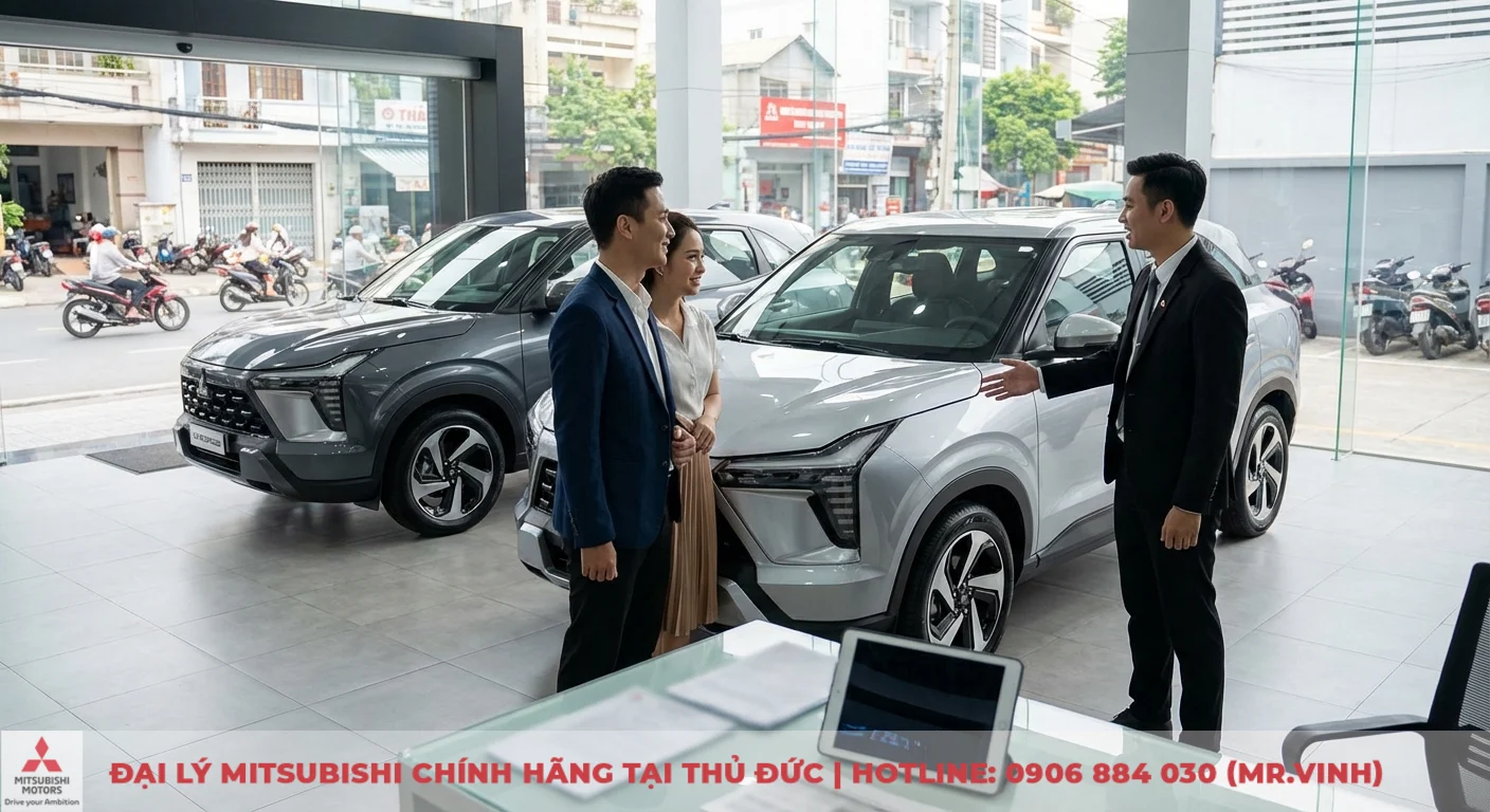 Kh&aacute;ch h&agrave;ng đang xem xe Xforce bản hiện h&agrave;nh tại showroom, được nh&acirc;n vi&ecirc;n tư vấn về việc chọn mua