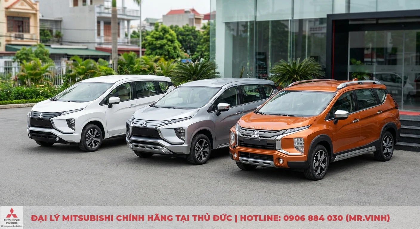 Ba phi&ecirc;n bản Mitsubishi Xpander 2026 m&agrave;u trắng, bạc v&agrave; Xpander Cross m&agrave;u cam nổi bật, gi&uacute;p kh&aacute;ch h&agrave;ng dễ d&agrave;ng lựa chọn