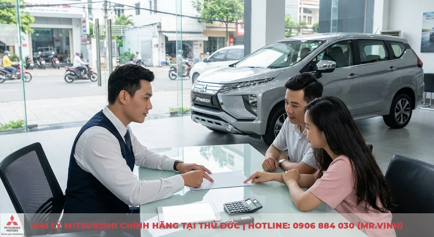 Nh&acirc;n vi&ecirc;n tư vấn gi&aacute; lăn b&aacute;nh Mitsubishi Xpander 2026 cho kh&aacute;ch h&agrave;ng tại showroom TP.HCM