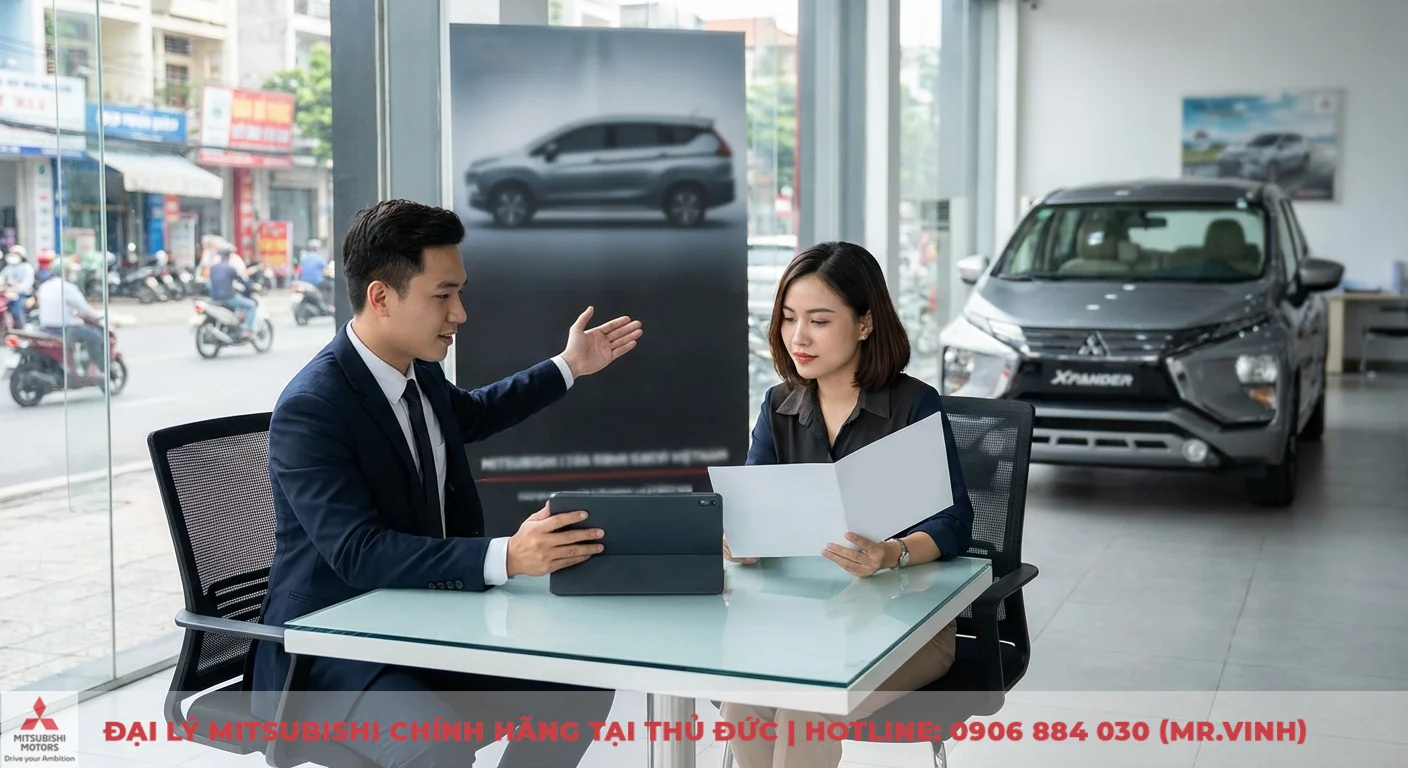Nh&acirc;n vi&ecirc;n Mitsubishi Saigon 3S tư vấn kh&aacute;ch h&agrave;ng về Xpander 2026, hỗ trợ lựa chọn xe ph&ugrave; hợp