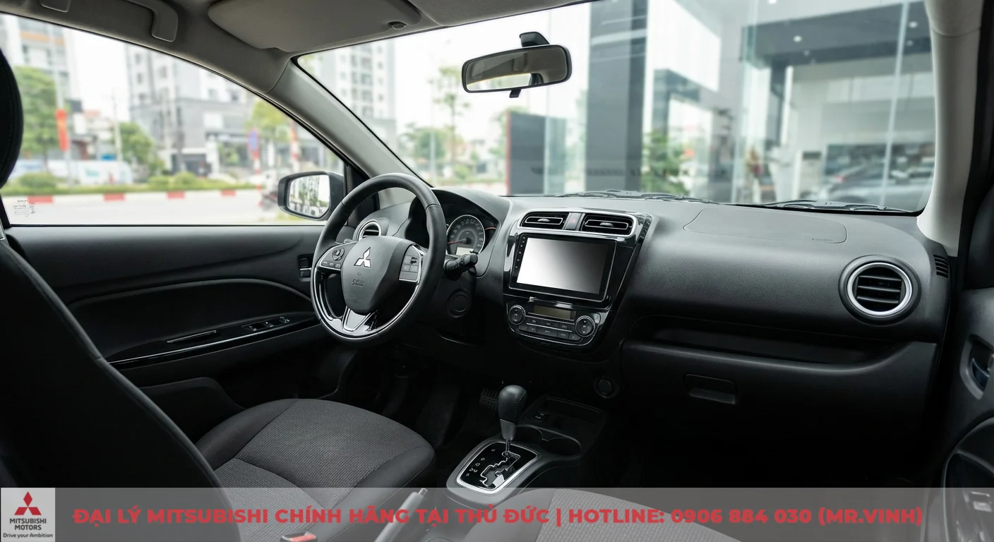 Nội thất Mitsubishi Attrage 2026 thế hệ mới, hiện đại với v&ocirc; lăng đa chức năng, m&agrave;n h&igrave;nh giải tr&iacute; trung t&acirc;m v&agrave; hộp số tự động