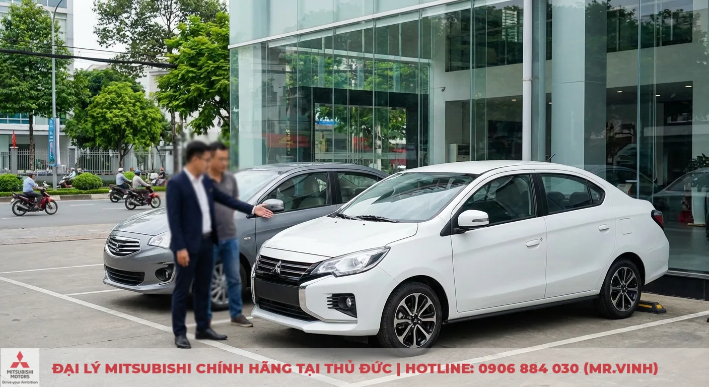 Hai xe Mitsubishi Attrage phi&ecirc;n bản hiện tại m&agrave;u trắng v&agrave; x&aacute;m trưng b&agrave;y tại đại l&yacute;, kh&aacute;ch h&agrave;ng thảo luận về ngoại h&igrave;nh xe