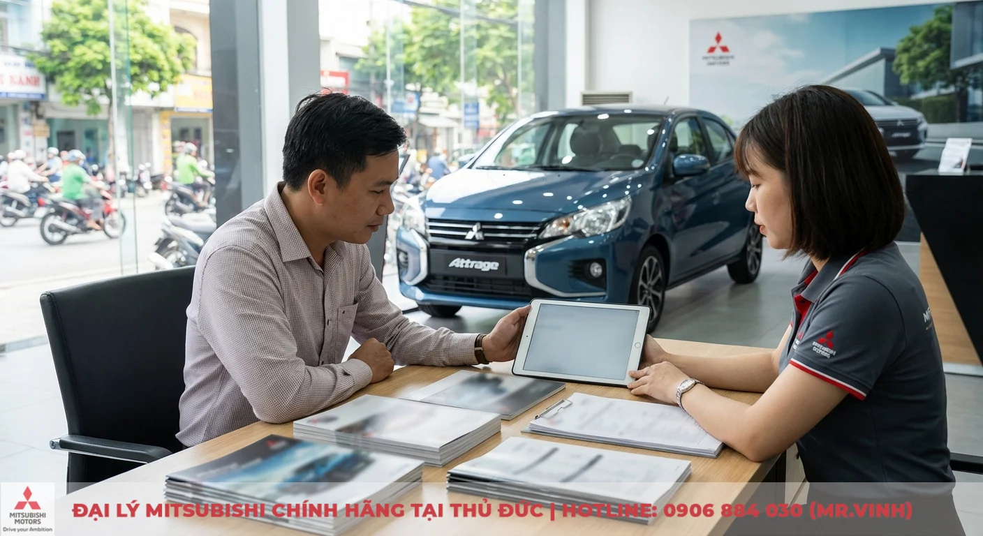 Kh&aacute;ch h&agrave;ng xem th&ocirc;ng số Attrage 2026 dự kiến với tư vấn vi&ecirc;n Mitsubishi trong ph&ograve;ng trưng b&agrave;y xe hơi