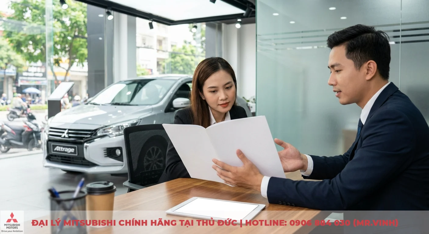 Kh&aacute;ch h&agrave;ng tại Mitsubishi S&agrave;i G&ograve;n 3S được tư vấn v&agrave; cập nhật th&ocirc;ng tin mới nhất về xe Attrage