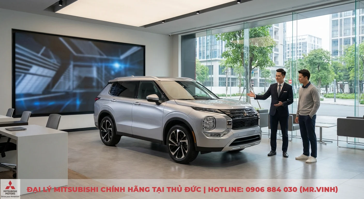 Showroom xe hơi hiện đại trưng b&agrave;y xe SUV m&agrave;u bạc, nh&acirc;n vi&ecirc;n giới thiệu xe cho kh&aacute;ch h&agrave;ng, m&agrave;n h&igrave;nh lớn v&agrave; cửa k&iacute;nh nh&igrave;n ra th&agrave;nh phố