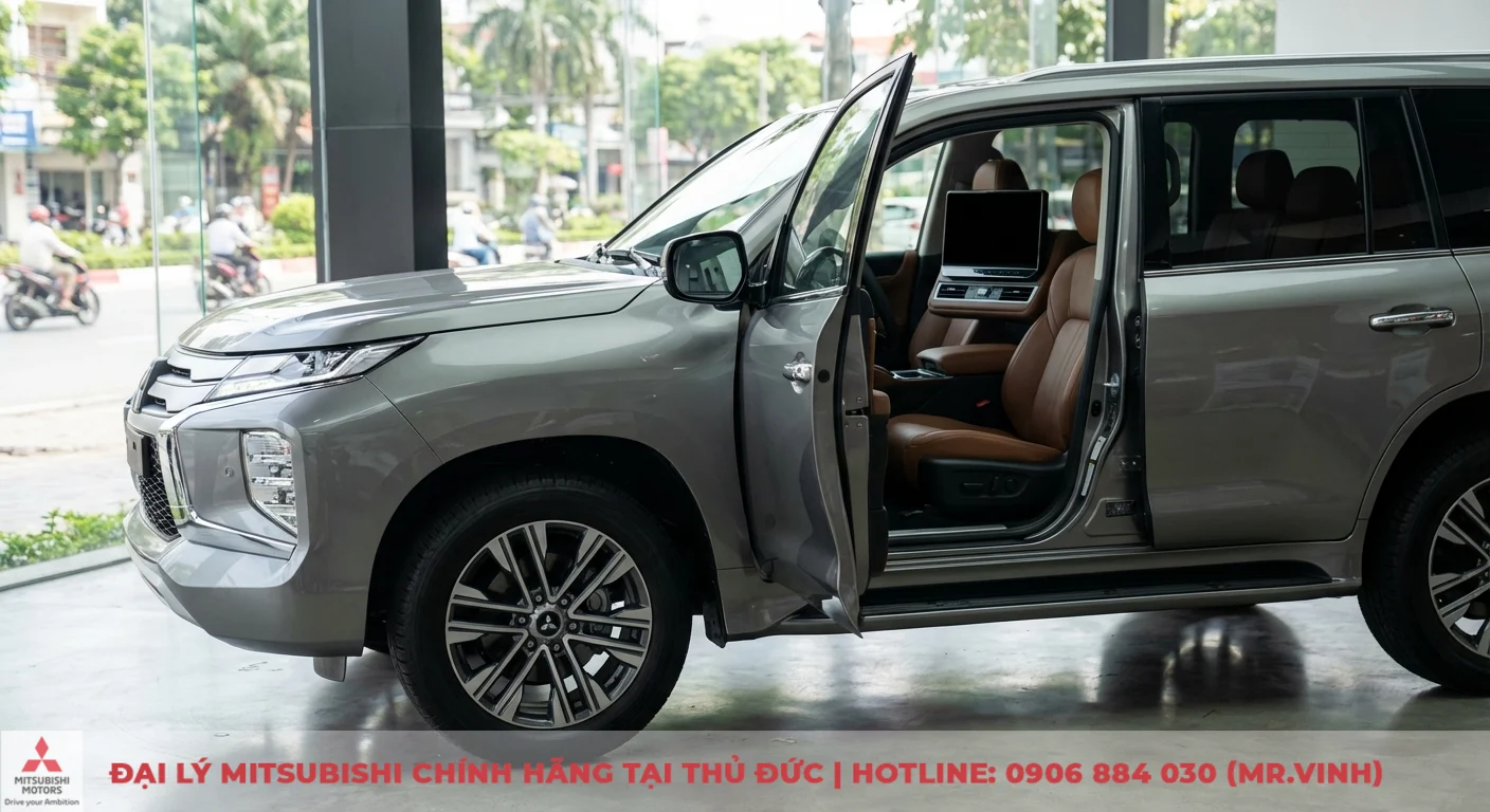 Xe SUV m&agrave;u x&aacute;m trong showroom với cửa trước mở, lộ nội thất bọc da n&acirc;u, m&agrave;n h&igrave;nh ghế sau v&agrave; m&acirc;m hợp kim đa chấu