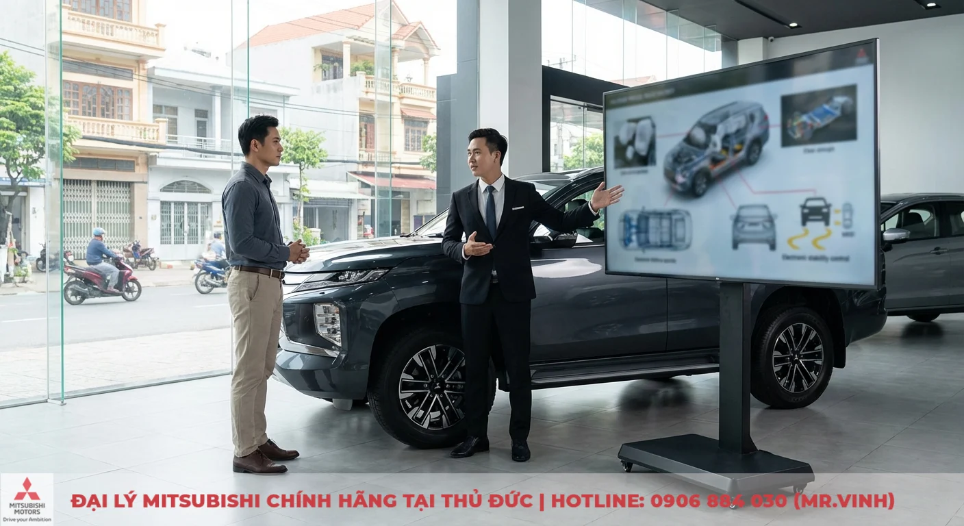 Hai người đ&agrave;n &ocirc;ng trong showroom &ocirc; t&ocirc;, một người giới thiệu xe SUV v&agrave; hệ thống an to&agrave;n tr&ecirc;n m&agrave;n h&igrave;nh kỹ thuật số lớn