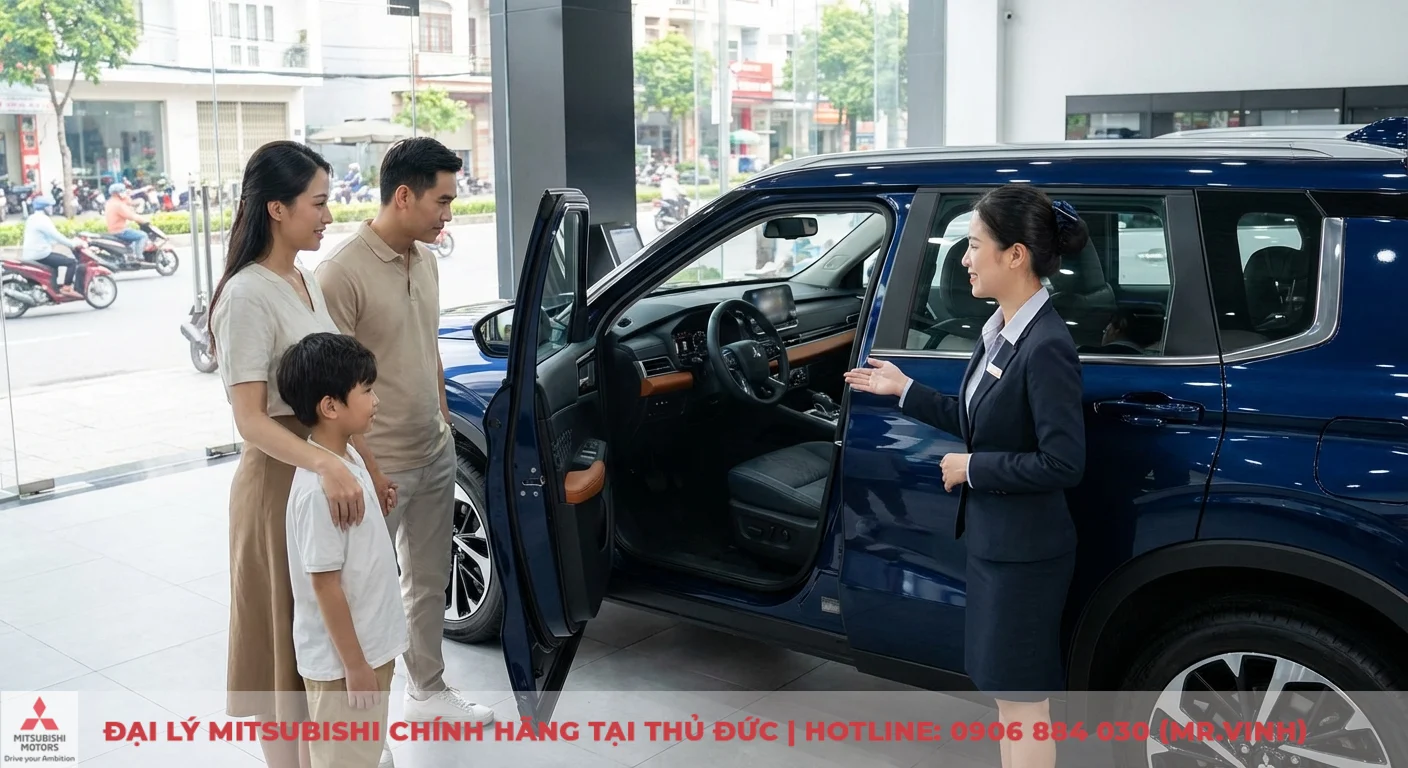 Một gia đ&igrave;nh gồm ba người đang xem chiếc xe &ocirc; t&ocirc; m&agrave;u xanh tại showroom, một nh&acirc;n vi&ecirc;n b&aacute;n h&agrave;ng nữ đang giới thiệu nội thất xe
