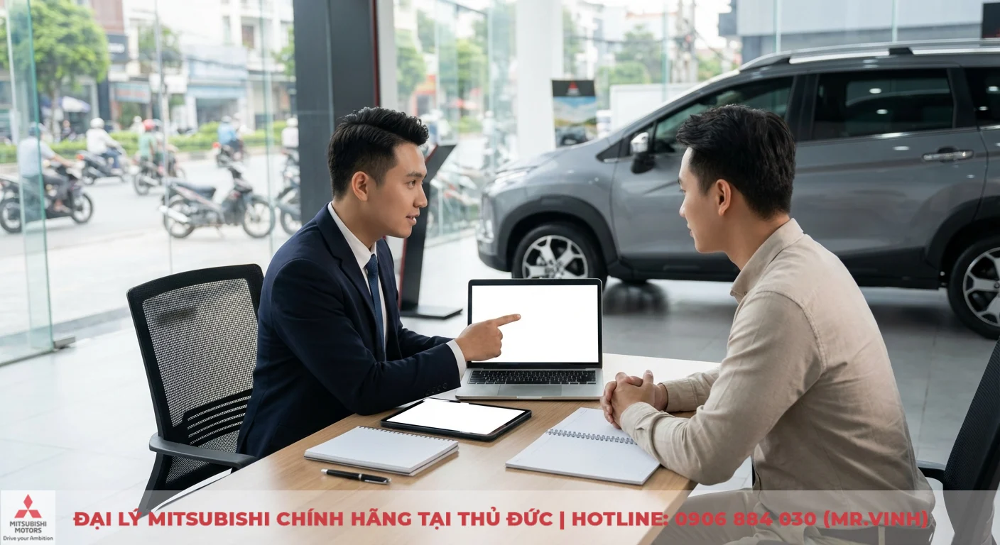 Hai người đ&agrave;n &ocirc;ng ngồi đối diện tại b&agrave;n l&agrave;m việc trong showroom &ocirc; t&ocirc;. Một nh&acirc;n vi&ecirc;n đang chỉ v&agrave;o m&agrave;n h&igrave;nh laptop trắng, b&ecirc;n cạnh c&oacute; m&aacute;y t&iacute;nh bảng v&agrave; sổ. Ph&iacute;a sau l&agrave; chiếc xe m&agrave;u x&aacute;m v&agrave; cửa k&iacute;nh nh&igrave;n ra đường phố đ&ocirc;ng đ&uacute;c với xe m&aacute;y