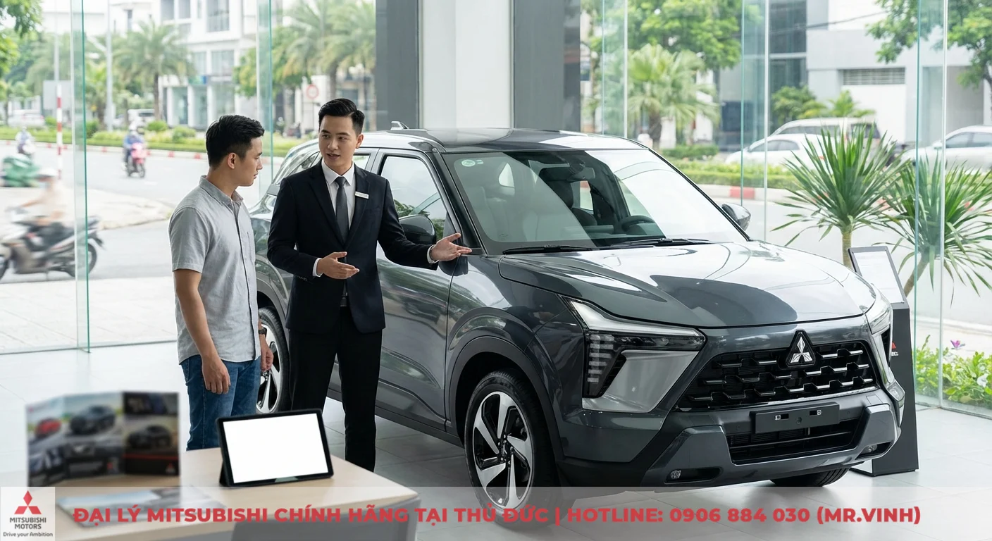 Mitsubishi XFORCE 2026 SUV đang được nh&acirc;n vi&ecirc;n giới thiệu tổng quan thiết kế v&agrave; t&iacute;nh năng cho kh&aacute;ch h&agrave;ng