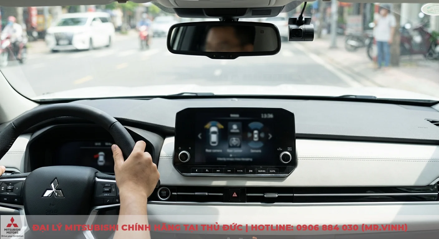 M&agrave;n h&igrave;nh trung t&acirc;m Mitsubishi XFORCE hiển thị c&ocirc;ng nghệ hỗ trợ l&aacute;i với camera l&ugrave;i v&agrave; cảm biến đỗ xe an to&agrave;n