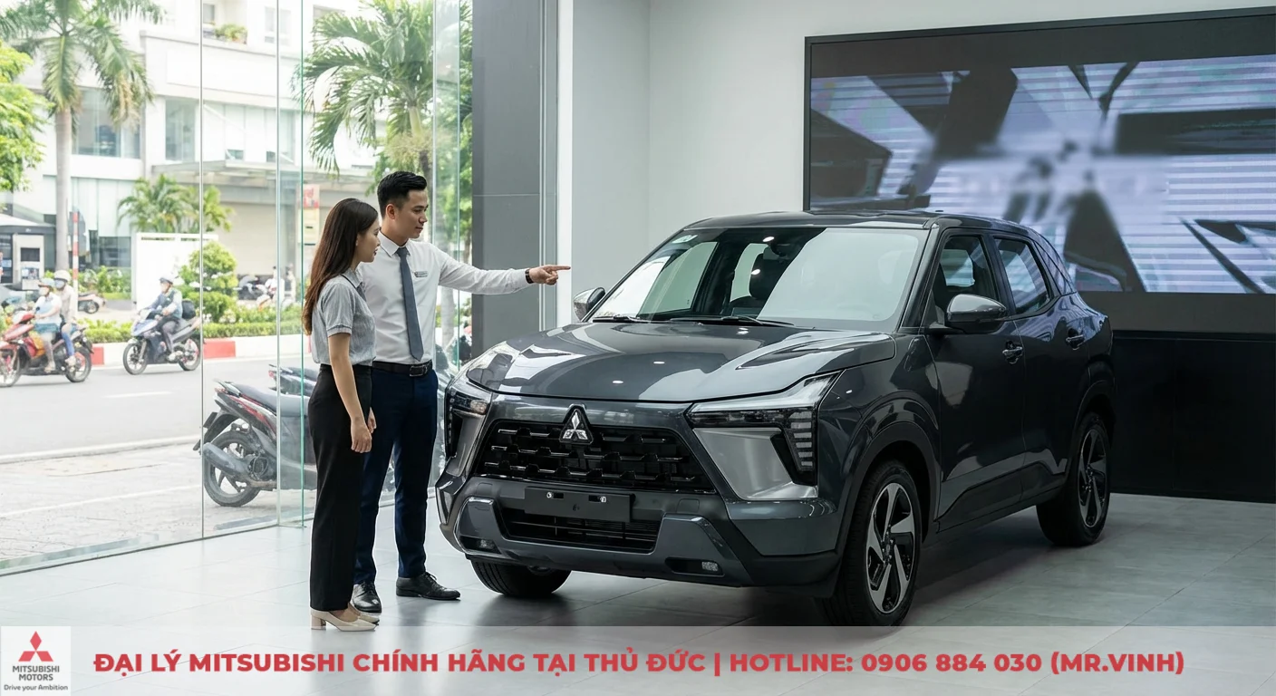 Nh&acirc;n vi&ecirc;n Mitsubishi Saigon 3S tư vấn về mẫu SUV đ&ocirc; thị Mitsubishi XFORCE 2026 cho kh&aacute;ch h&agrave;ng tại showroom