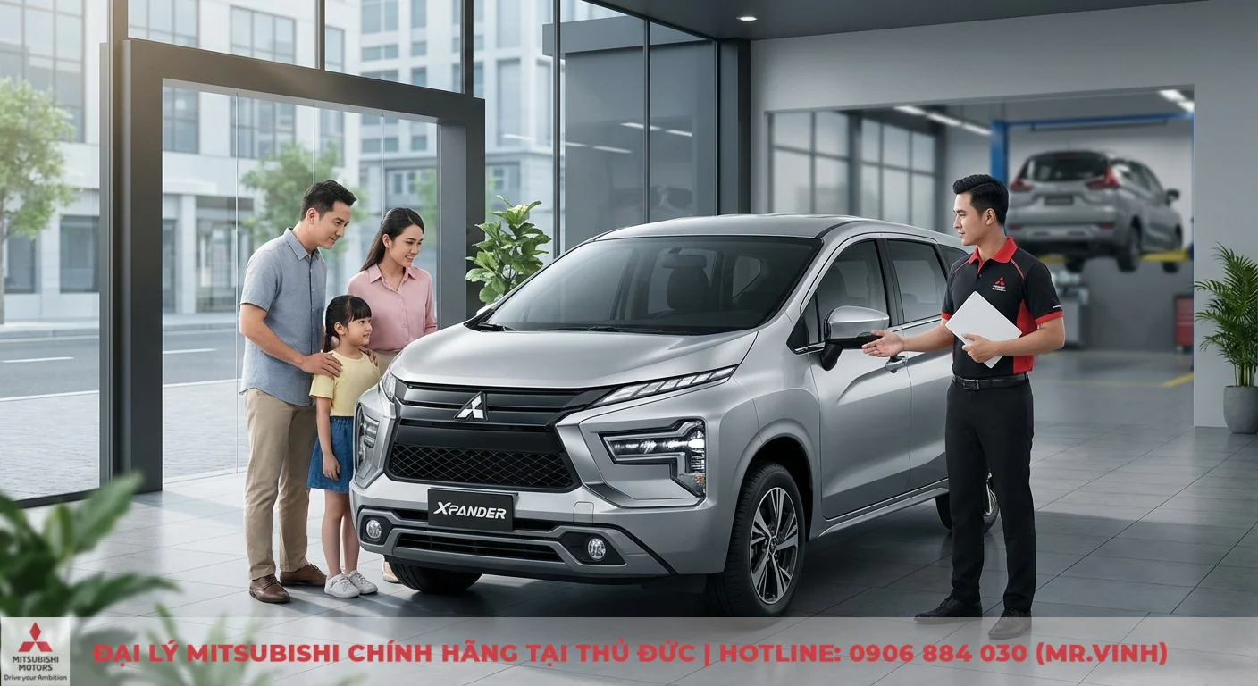 Thông số Xpander 2026 dự kiến: Kích thước, động cơ và nâng cấp mới nhất 1 Gia đình Việt đang tìm hiểu Mitsubishi Xpander thế hệ mới màu bạc tại showroom dưới sự hướng dẫn của nhân viên