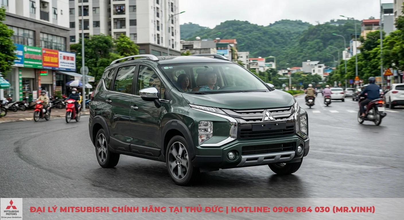 Cập nhật thông số Xpander Cross 2026: Kích thước, động cơ chi tiết 4 Xpander Cross 2026 màu xanh rêu vận hành trên đường đô thị, thể hiện trải nghiệm lái và tính linh hoạt ở TP.HCM