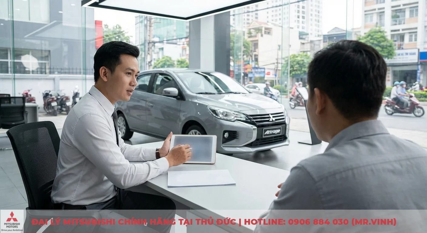 Tư vấn vi&ecirc;n Mitsubishi Saigon 3S giới thiệu tiện nghi Attrage 2026 tr&ecirc;n m&aacute;y t&iacute;nh bảng cho kh&aacute;ch h&agrave;ng tại showroom Thủ Đức