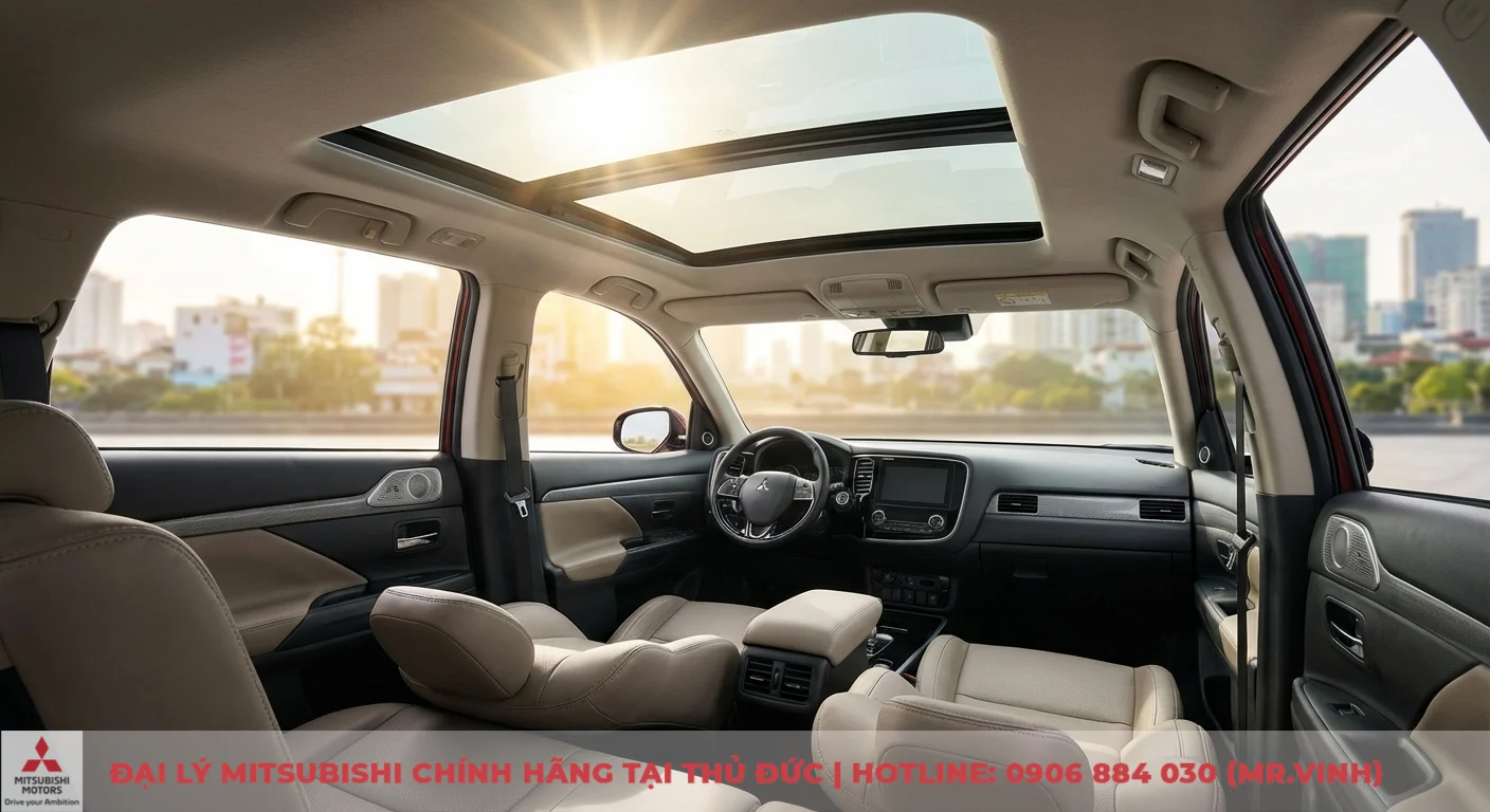 Tiện nghi Destinator 2026: Khám phá chi tiết công nghệ tiên tiến 2 Nội thất xe hơi rộng rãi với cửa sổ trời toàn cảnh, ghế da màu be, bảng điều khiển, vô lăng và loa trên cánh cửa