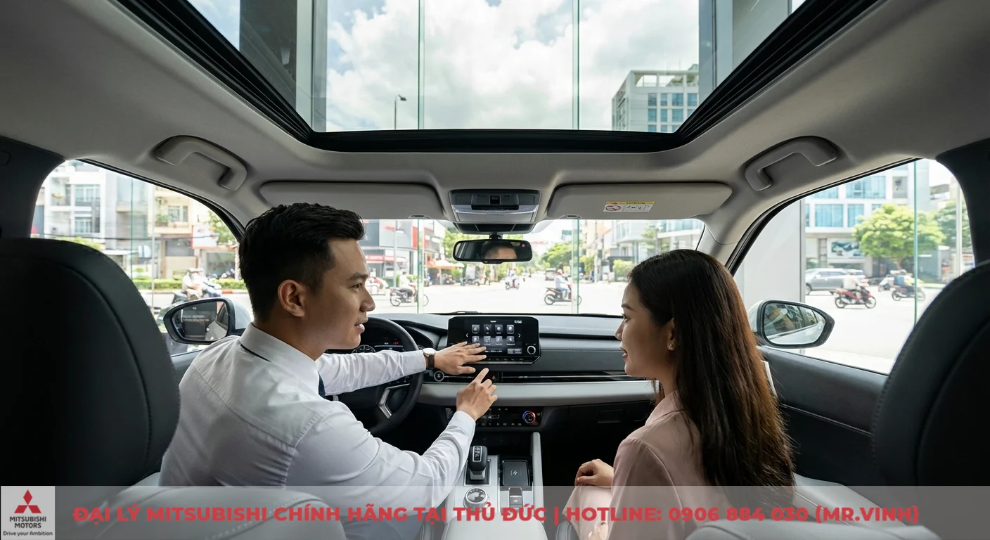 Tiện nghi Destinator 2026: Khám phá chi tiết công nghệ tiên tiến 4 Hai người đang lái thử xe có cửa sổ trời toàn cảnh, người đàn ông chỉ màn hình giải trí với ứng dụng và sạc không dây