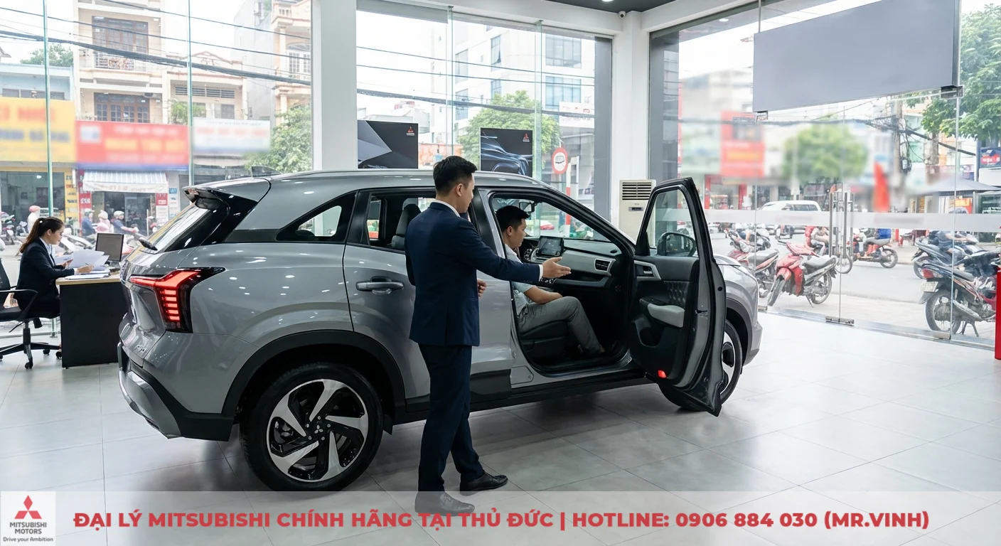 Trải nghiệm thực tế tiện nghi Xforce 2026 tại Mitsubishi S&agrave;i G&ograve;n 3S, tư vấn vi&ecirc;n giới thiệu c&aacute;c t&iacute;nh năng cho kh&aacute;ch h&agrave;ng