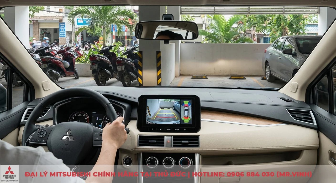 Hệ thống camera l&ugrave;i v&agrave; cảm biến hỗ trợ đỗ xe an to&agrave;n chủ động tr&ecirc;n Xpander, hiển thị vạch hướng dẫn v&agrave; vật cản