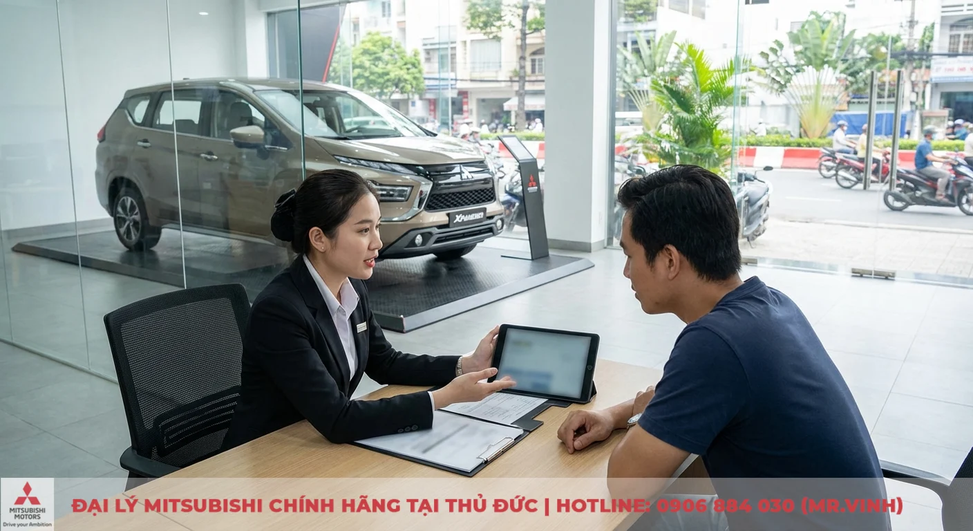 Tư vấn vi&ecirc;n Mitsubishi Saigon giới thiệu tiện nghi Xpander 2026 cho kh&aacute;ch h&agrave;ng tại showroom TP.HCM/Thủ Đức