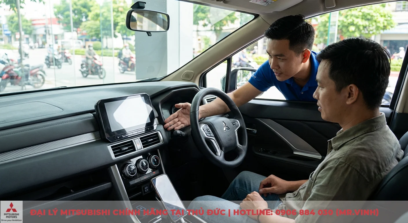 Kh&aacute;ch h&agrave;ng trải nghiệm thực tế c&aacute;c tiện nghi xe Mitsubishi tại đại l&yacute; Saigon 3S, được tư vấn vi&ecirc;n hướng dẫn chi tiết