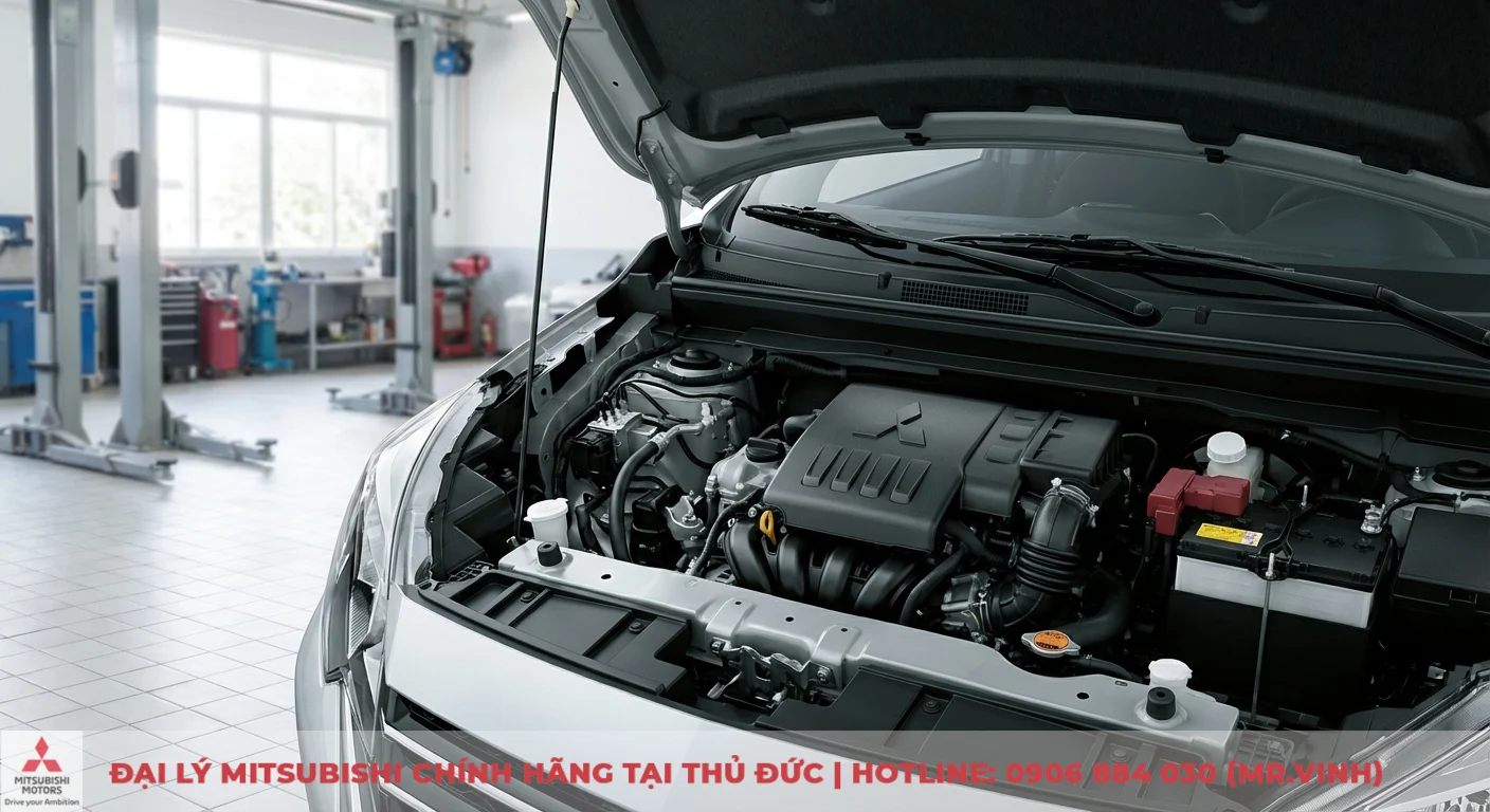 Tiêu hao nhiên liệu Attrage 2026: Đánh giá dự kiến & mẹo tiết kiệm 1 Khoang động cơ của Mitsubishi Attrage 2026 MIVEC đang mở, thể hiện công nghệ mới hướng tới hiệu suất nhiên liệu vượt trội