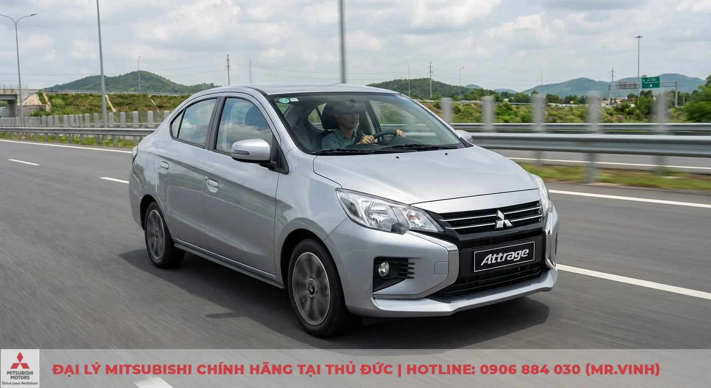 Tiêu hao nhiên liệu Attrage 2026: Đánh giá dự kiến & mẹo tiết kiệm 2 Attrage 2026 di chuyển trên đường trường, thể hiện mức tiêu hao nhiên liệu vượt trội dự kiến chỉ từ 4.5 - 5.5 lít/100km