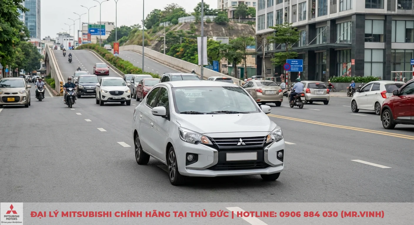 Tiêu hao nhiên liệu Attrage 2026: Đánh giá dự kiến & mẹo tiết kiệm 3 Xe Attrage trắng đang di chuyển trong điều kiện giao thông đông đúc ở TP.HCM, ảnh hưởng mức tiêu hao nhiên liệu thực tế