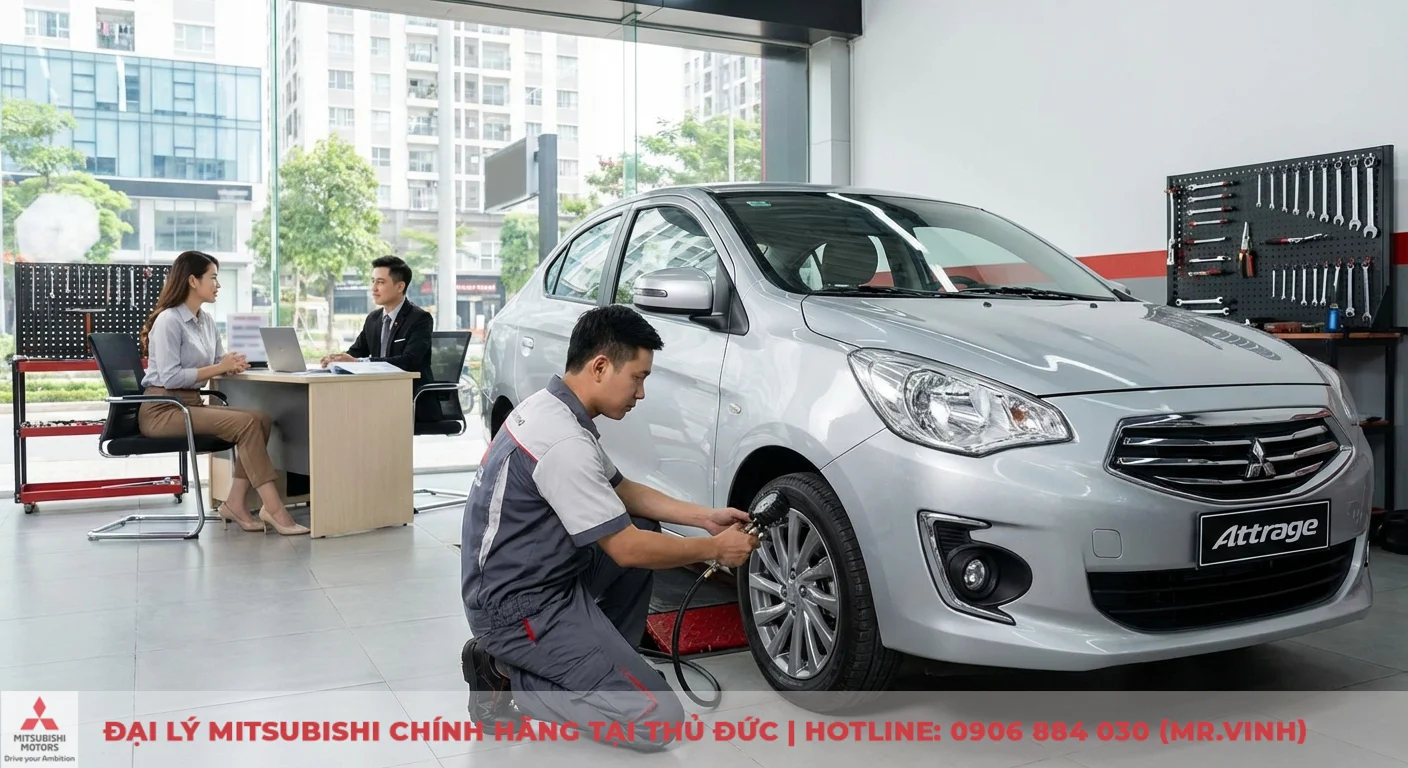 Tiêu hao nhiên liệu Attrage 2026: Đánh giá dự kiến & mẹo tiết kiệm 4 Kỹ thuật viên kiểm tra áp suất lốp xe Mitsubishi Attrage để đạt hiệu suất vận hành và tiết kiệm xăng hiệu quả