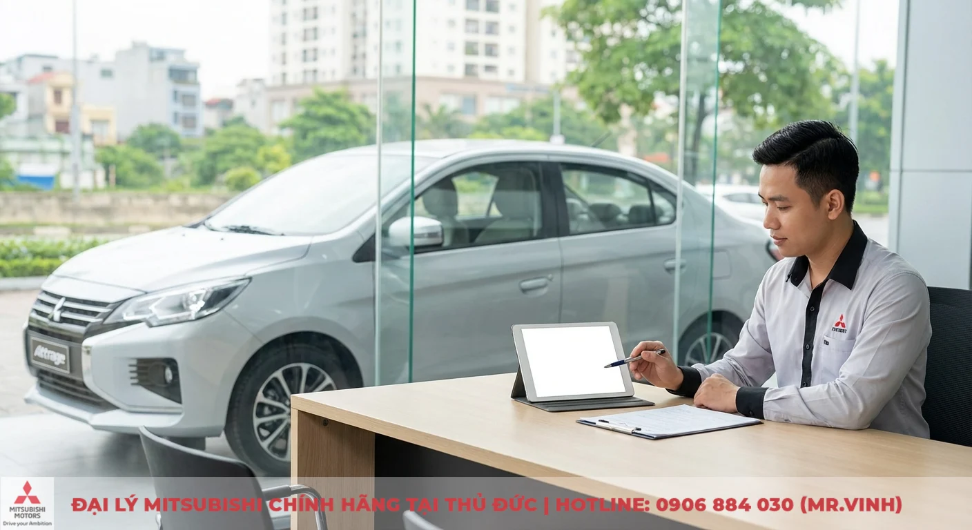 Tiêu hao nhiên liệu Attrage 2026: Đánh giá dự kiến & mẹo tiết kiệm 6 Mitsubishi Attrage 2026 đang được nhân viên tư vấn về tính kinh tế và hiệu quả tại showroom