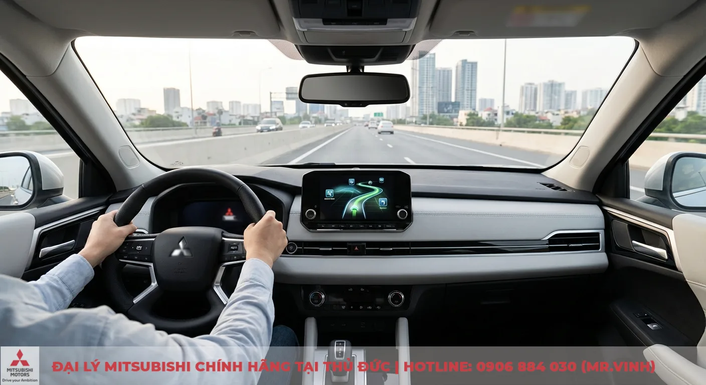 Khoang l&aacute;i xe &ocirc; t&ocirc; Mitsubishi từ g&oacute;c nh&igrave;n người l&aacute;i, hiển thị m&agrave;n h&igrave;nh điều hướng bản đồ tr&ecirc;n đường cao tốc với c&aacute;c t&ograve;a nh&agrave; th&agrave;nh phố