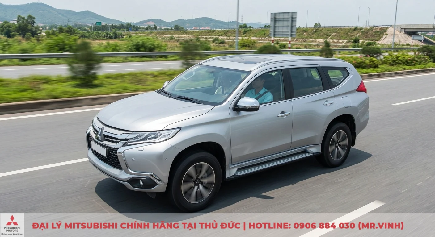 Một chiếc SUV m&agrave;u bạc đang chạy tr&ecirc;n đường cao tốc, c&oacute; người l&aacute;i b&ecirc;n trong v&agrave; phong cảnh n&uacute;i non mờ ph&iacute;a sau