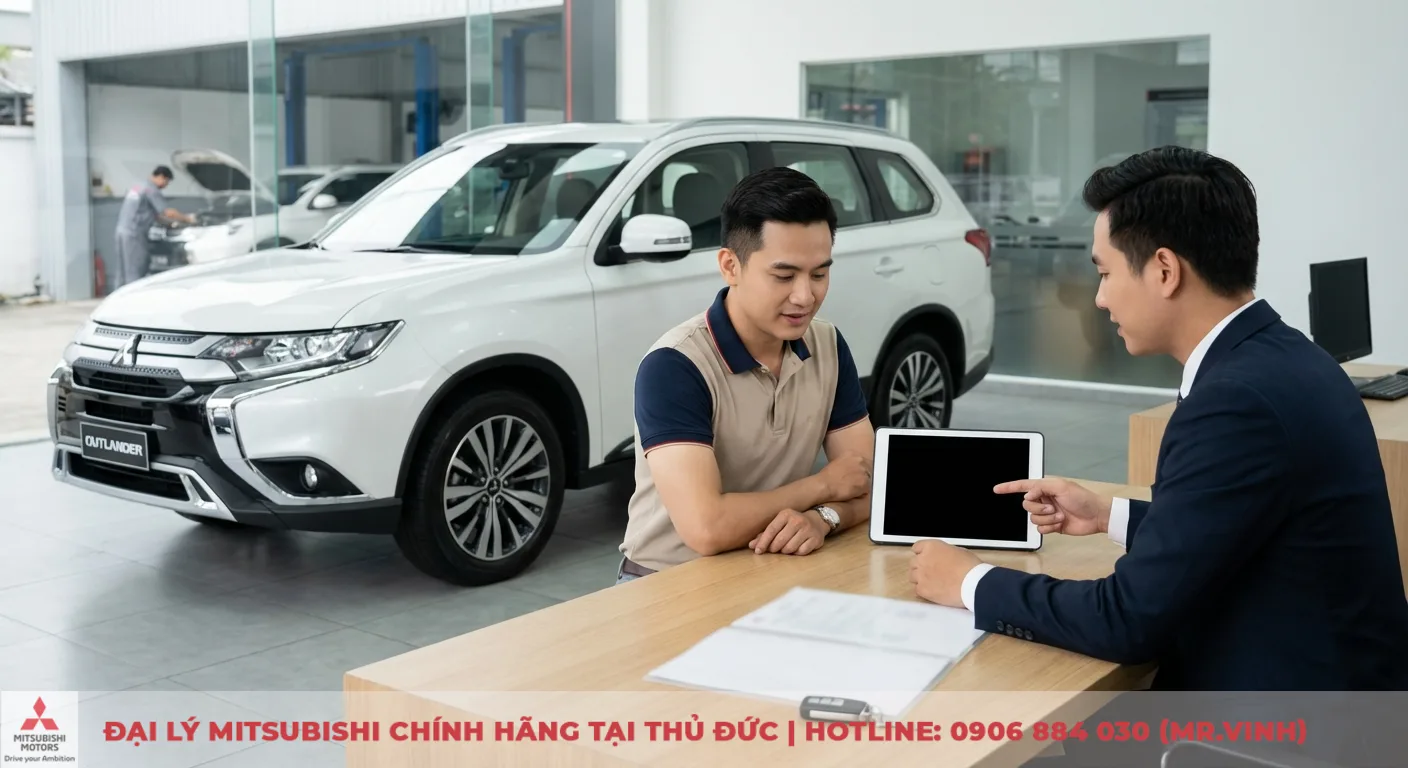 Showroom &ocirc; t&ocirc;, nh&acirc;n vi&ecirc;n chỉ m&aacute;y t&iacute;nh bảng tư vấn kh&aacute;ch h&agrave;ng b&ecirc;n cạnh SUV trắng, c&oacute; ch&igrave;a kh&oacute;a, giấy tờ tr&ecirc;n b&agrave;n v&agrave; khu bảo dưỡng xe