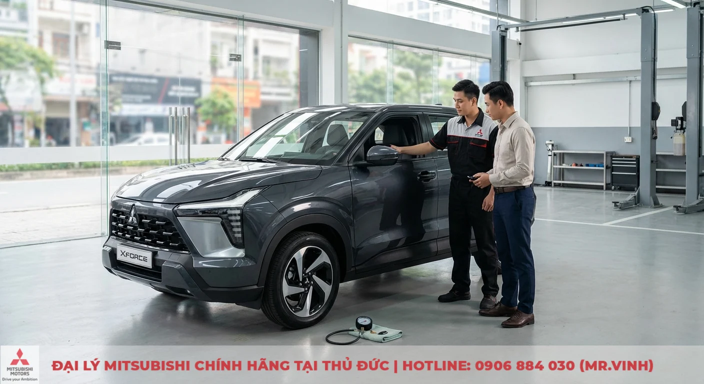 Nh&acirc;n vi&ecirc;n Mitsubishi hướng dẫn kh&aacute;ch h&agrave;ng kiểm tra &aacute;p suất lốp cho Xforce 2026 để l&aacute;i xe tiết kiệm nhi&ecirc;n liệu tối ưu