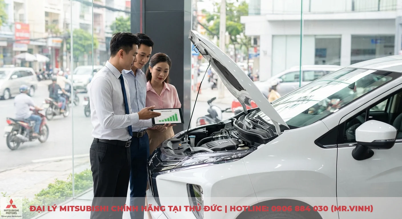 Mitsubishi Xpander 2026 trắng với capo mở, nh&acirc;n vi&ecirc;n tư vấn động cơ v&agrave; biểu đồ khả năng tiết kiệm nhi&ecirc;n liệu