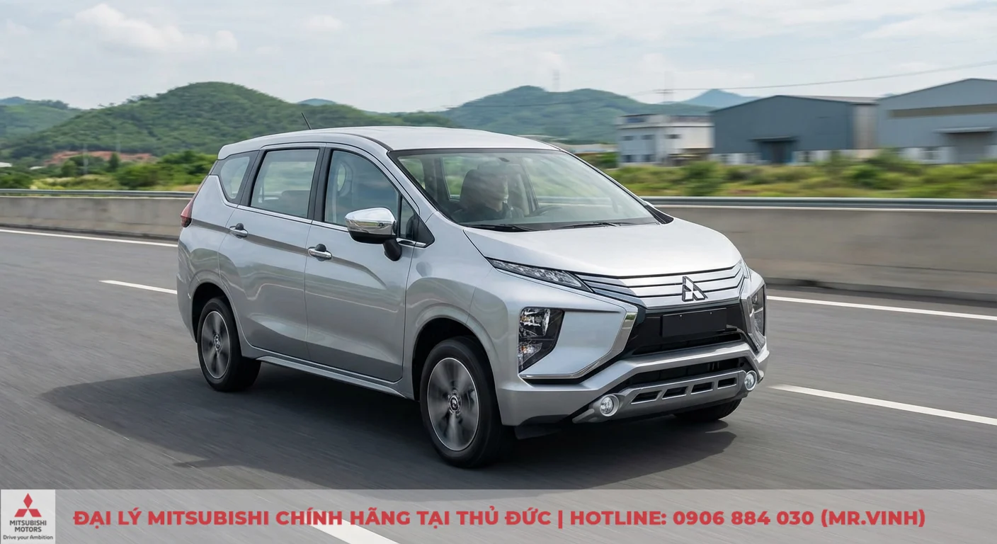 Mitsubishi Xpander 2026 m&agrave;u bạc lướt tr&ecirc;n cao tốc, minh họa mức ti&ecirc;u hao nhi&ecirc;n liệu đường trường hiệu quả