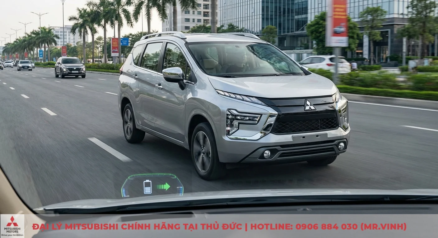 Mitsubishi Xpander 2026 m&agrave;u bạc với thiết kế kh&iacute; động học, hiển thị c&ocirc;ng nghệ tối ưu h&oacute;a nhi&ecirc;n liệu qua HUD năng lượng