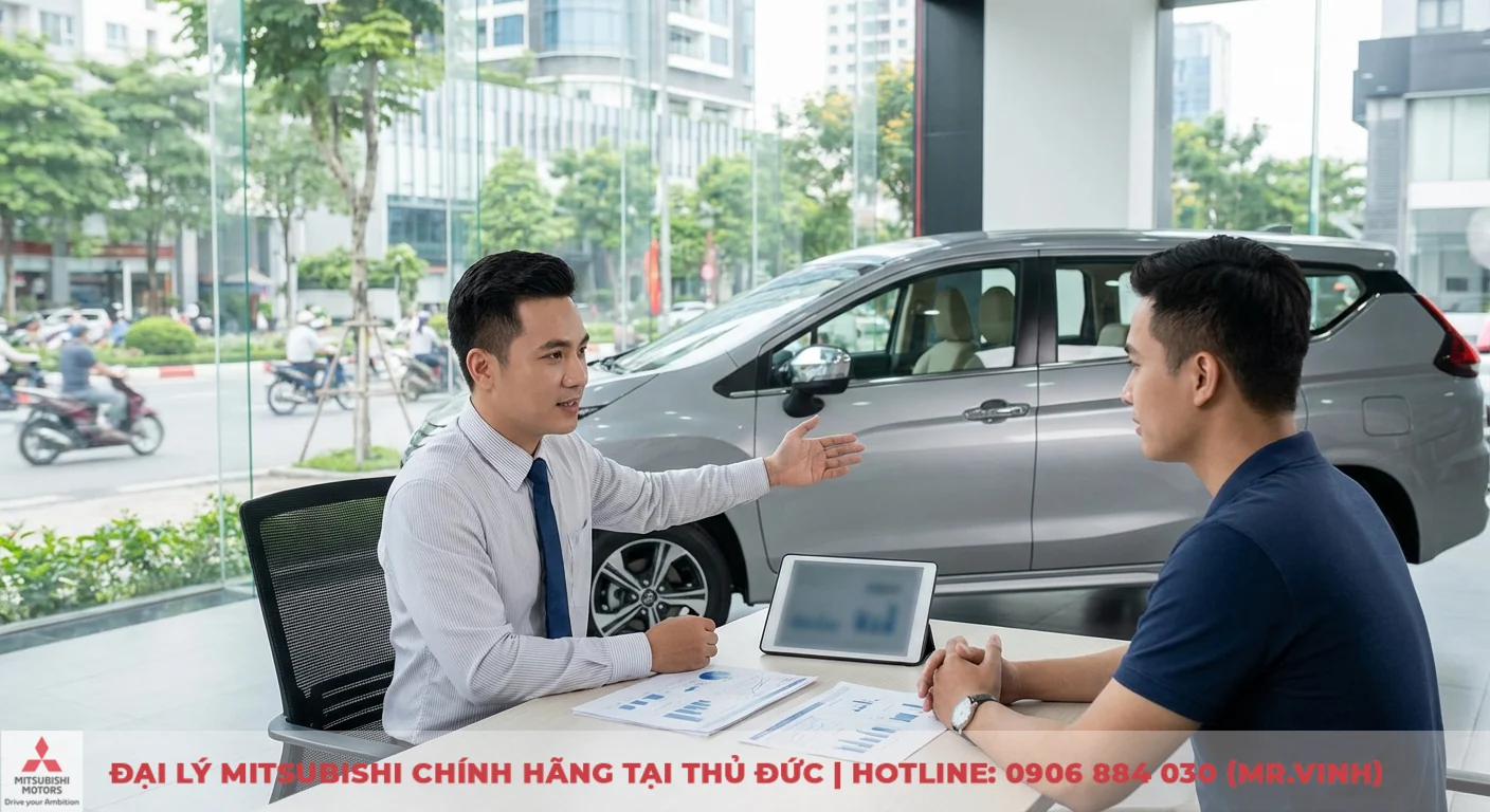 Nh&acirc;n vi&ecirc;n tư vấn trao đổi về chi ph&iacute; xăng 100km v&agrave; ti&ecirc;u hao nhi&ecirc;n liệu của xe Xpander với kh&aacute;ch h&agrave;ng tại showroom